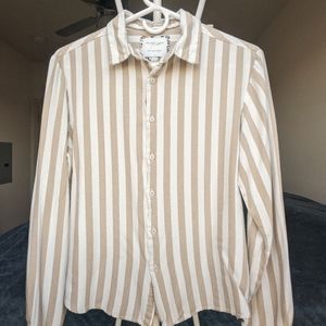 Denim & Flower - simple light brown/tan and white striped button-up shirt